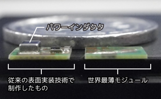 従来の表面実装技術で制作したモジュール（パワーインダクタの凸有）と世界最薄モジュールを1円玉の厚みと比較している画像